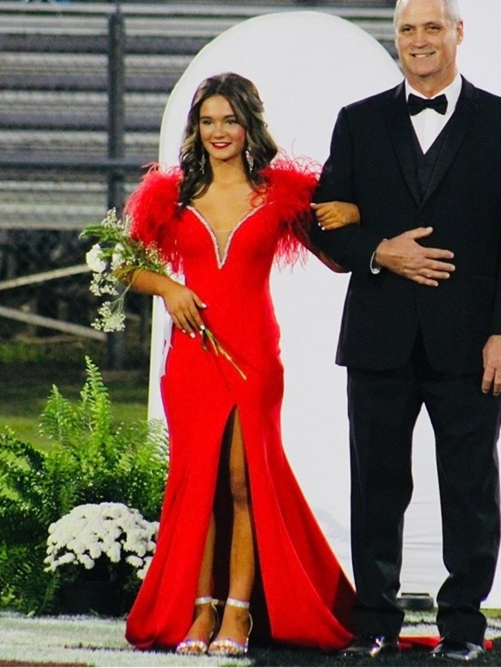 Red Feather-Trim V-Neck Prom Dress with Front Slit